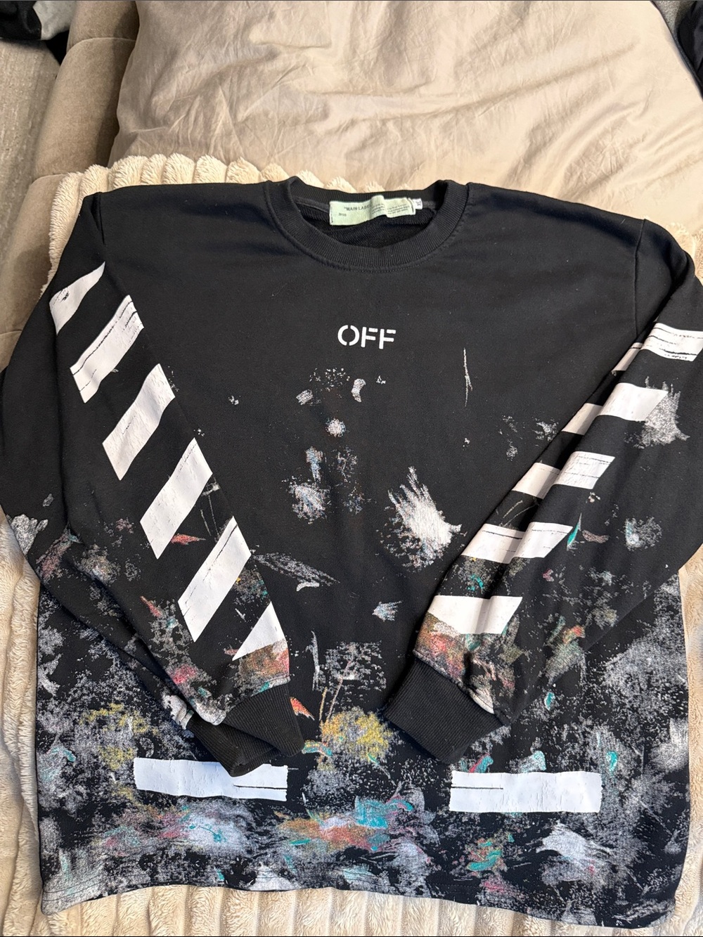 Off-White Black Crewneck with White Diagonal Stripes and Multicolor Paint Detail